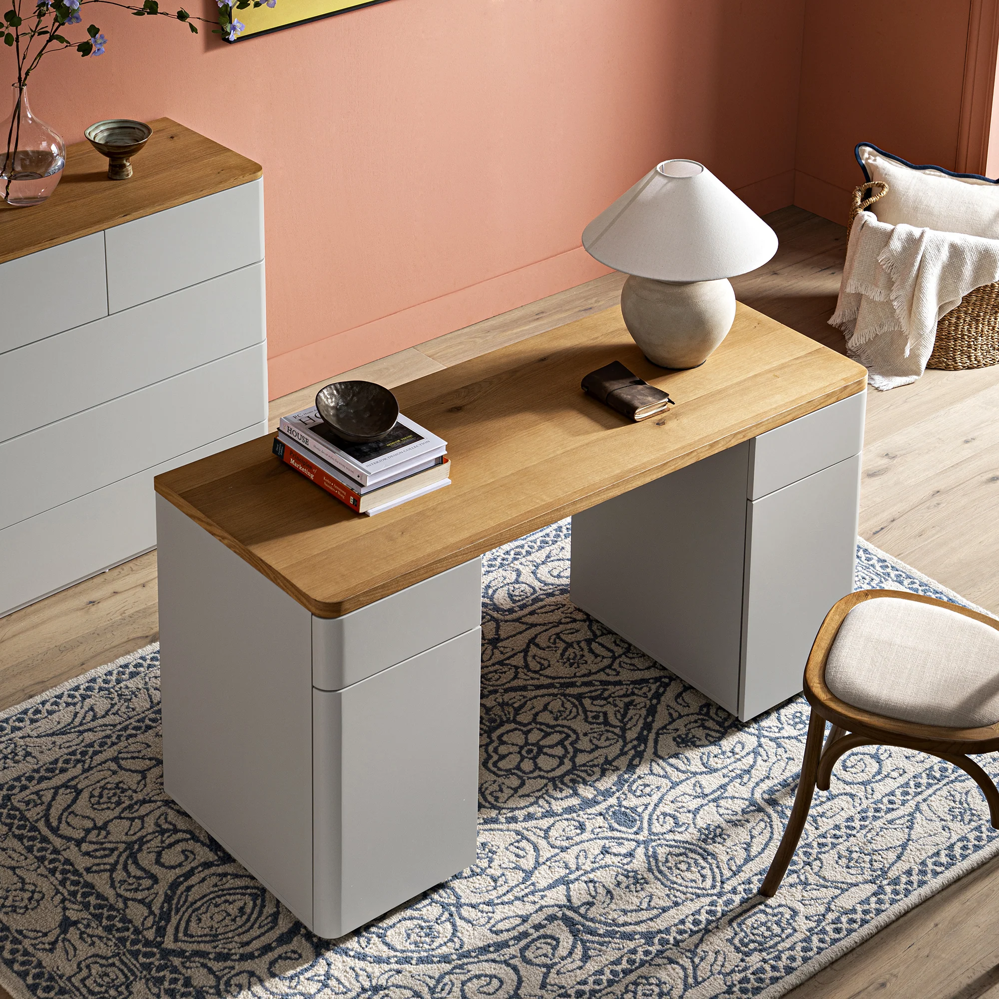 Agnes Curved Edge Desk with Storage, Dove Grey with Oak Top - Image 3