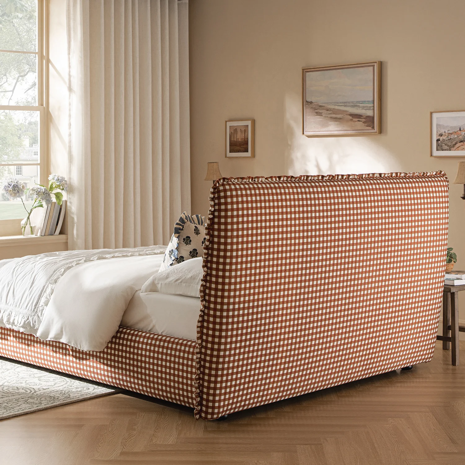 Celeste Upholstered Storage Bed with Ruffled Headboard, Brick Gingham - Image 5