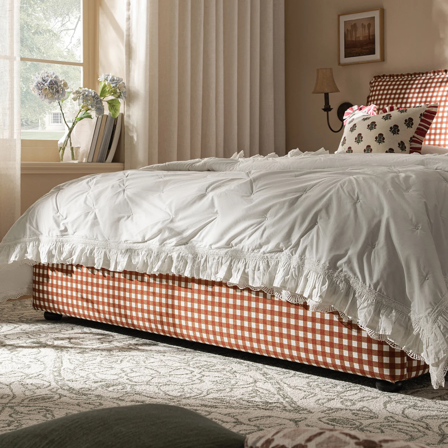 Celeste Upholstered Storage Bed with Ruffled Headboard, Brick Gingham - Image 7
