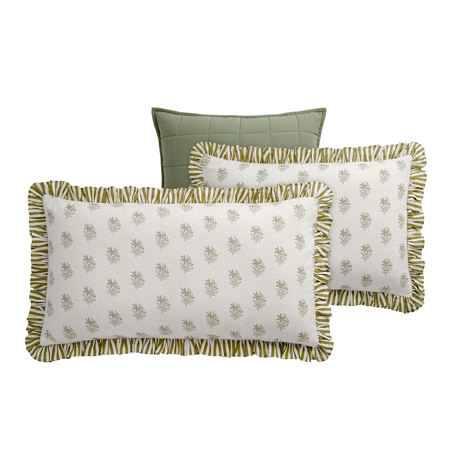 Darcy Floral Olive Green Ruffle Linen Blend Pillowcases - Pair - Image 2