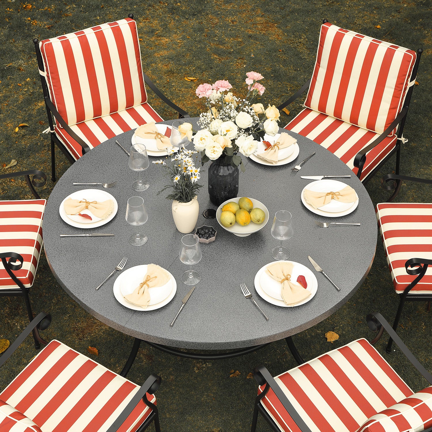Haymes Indoor and Outdoor Metal 6-Seater Round Dining Set, Scarlet Stripe - Image 5
