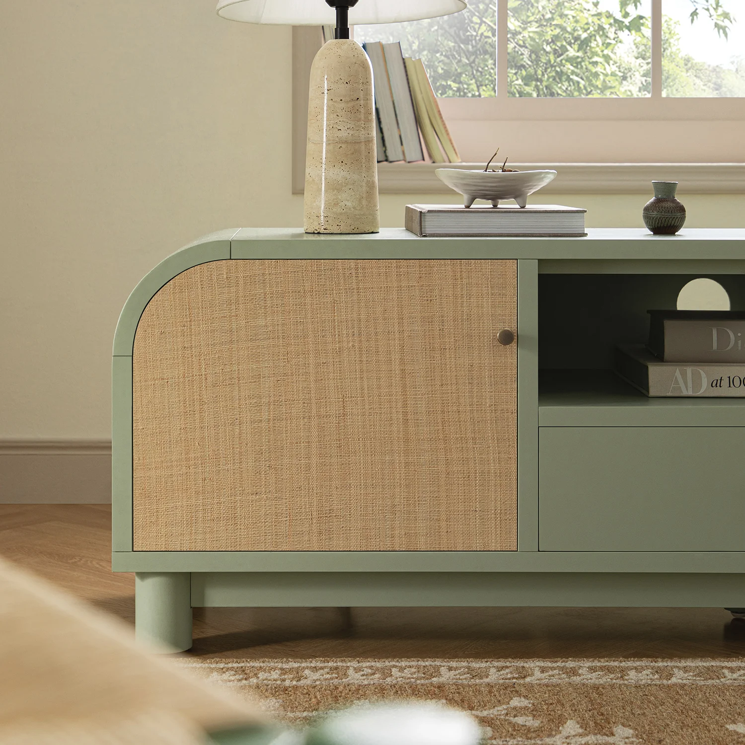 Maude TV Unit, Muted Pistachio Ash with Raffia - Image 4