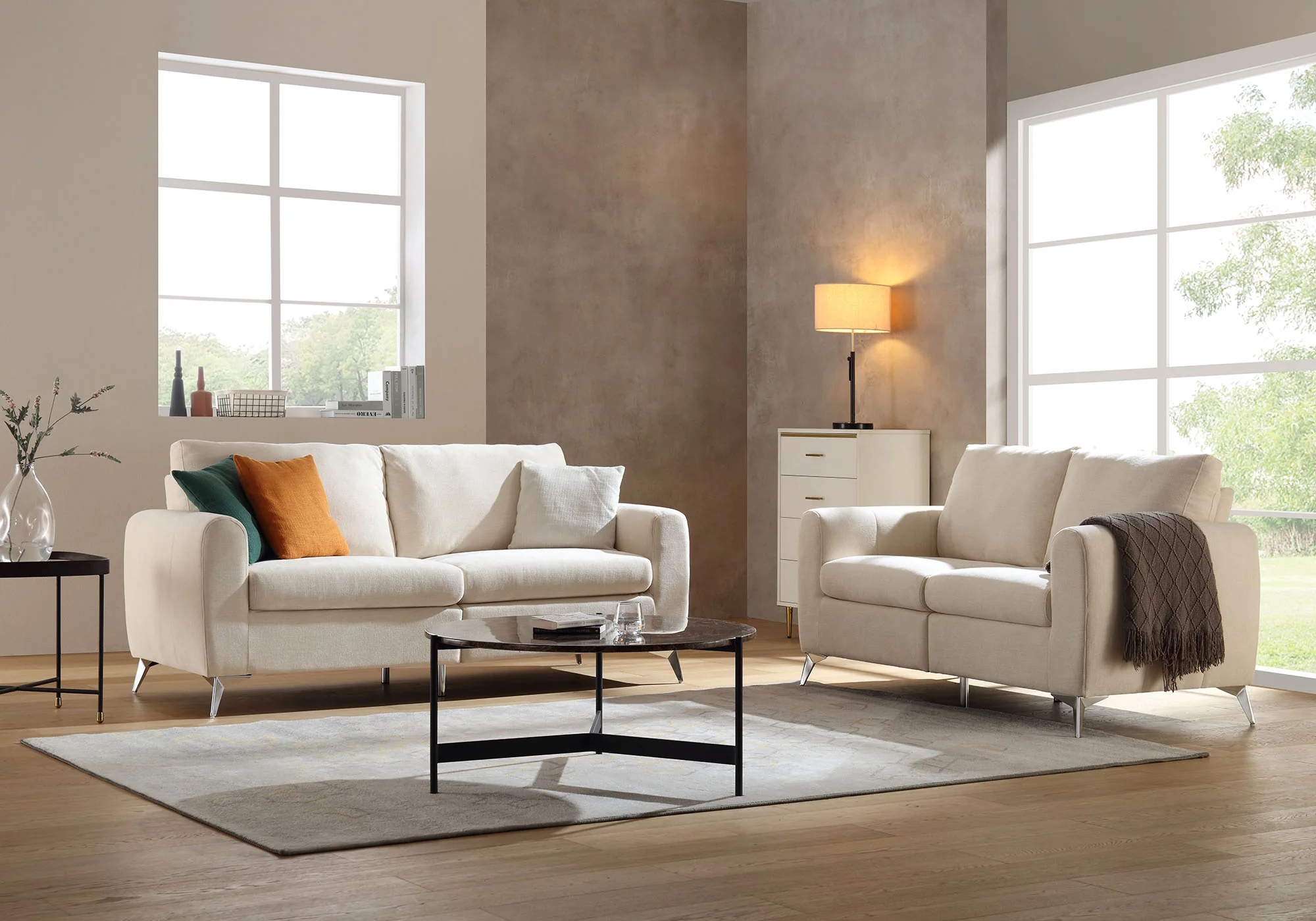 Noak 3-Seater Beige Woven Fabric Sofa with Chrome Legs - Image 3