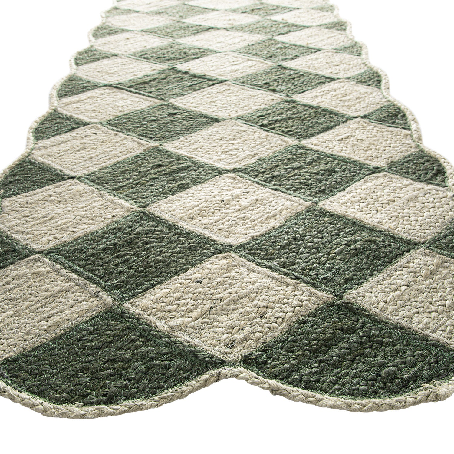 Tabitha Harlequin Diamond Scallop Olive Green & Bleached Jute Hand Braided Runner - Image 4