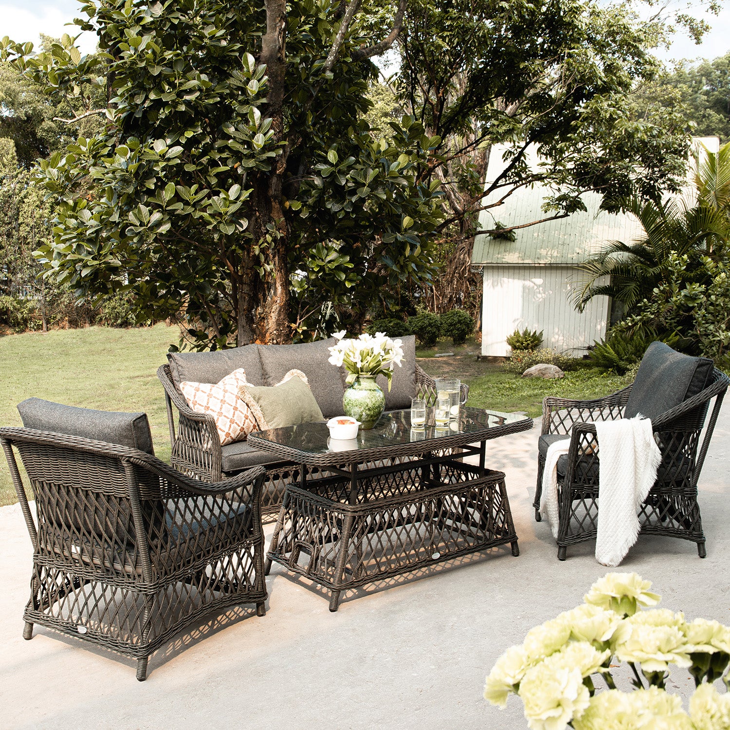 Willowbrook Lattice Weave Rattan 5-Seater Sofa Set with Rising Table, White - Image 19
